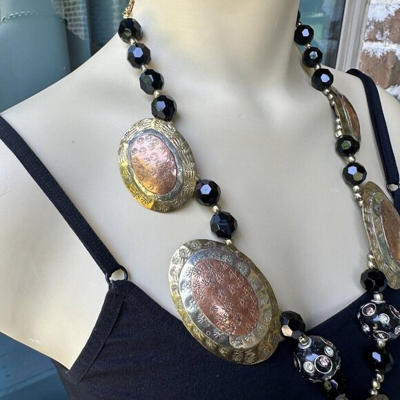 Vintage Brass Copper‎ Silver Tone Avant Garde Bib Necklace Pressed Etched 24" - Picture 4 of 11
